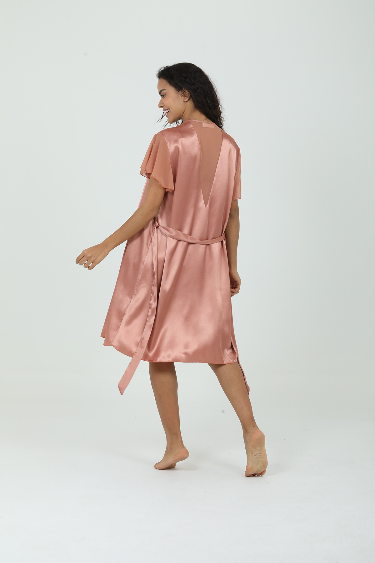 Kısa Kollu Saten Çeyizlik Gecelik Sabahlık Takımı – Romantik Stil BAKIR