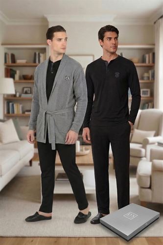 D’S Damat Çeyizlik Premium Modal Pijama Rob Boxer Atlet Kutulu Set | 3’lü Çorap Hediyeli SİYAH