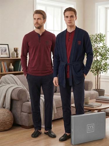 D’S Damat Çeyizlik Premium Modal Pijama Rob Boxer Atlet Kutulu Set | 3’lü Çorap Hediyeli BORDO